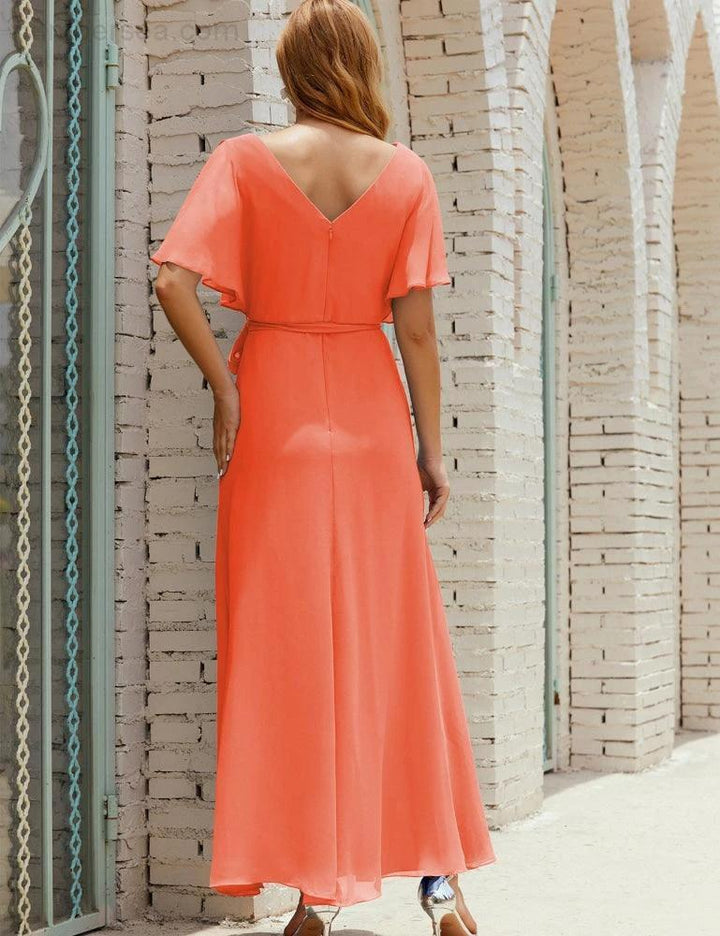 Numbersea V-Neck Bridesmaid Dress Long Formal Dresses with Belt for 28022 by numbersea