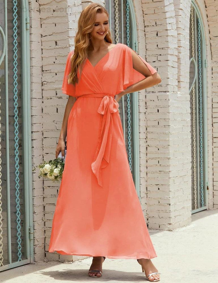 Numbersea V-Neck Bridesmaid Dress Long Formal Dresses with Belt for 28022 by numbersea