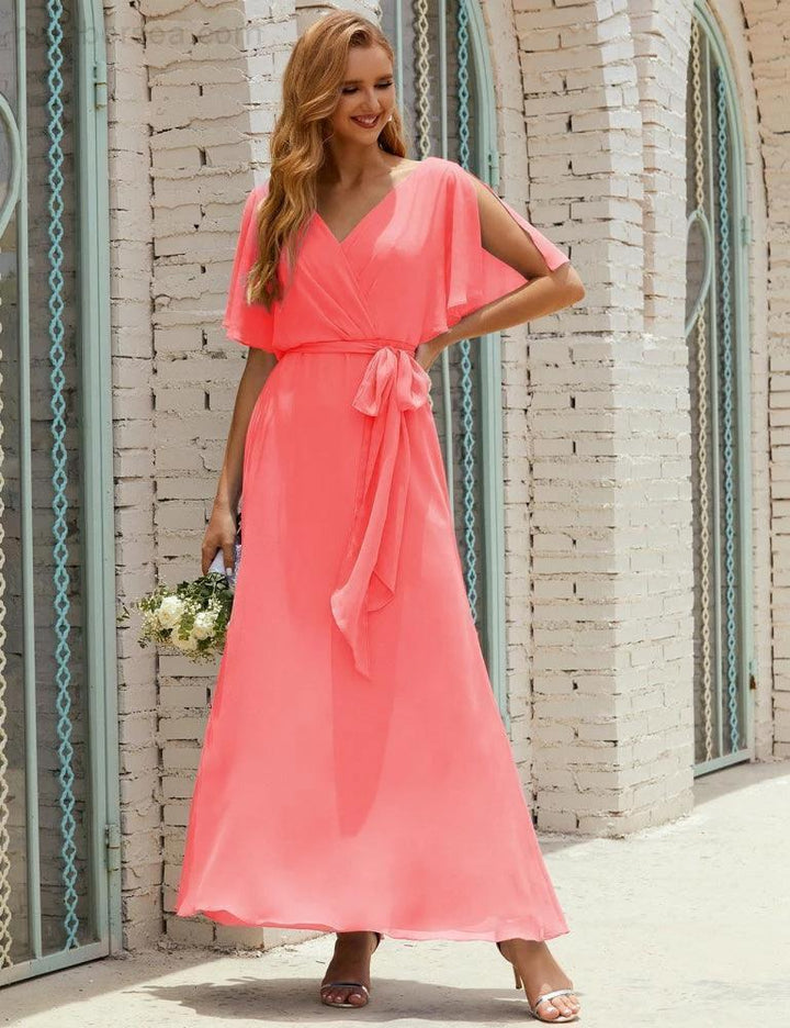 Numbersea V-Neck Bridesmaid Dress Long Formal Dresses with Belt for 28022 by numbersea