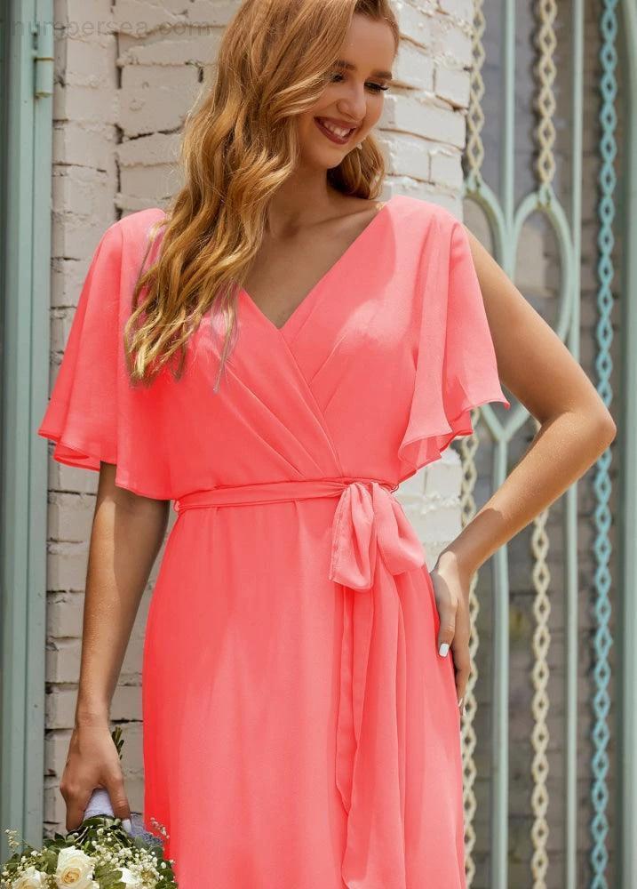 Numbersea V-Neck Bridesmaid Dress Long Formal Dresses with Belt for 28022 by numbersea