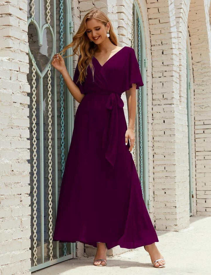 Numbersea V-Neck Bridesmaid Dress Long Formal Dresses with Belt for 28022 by numbersea