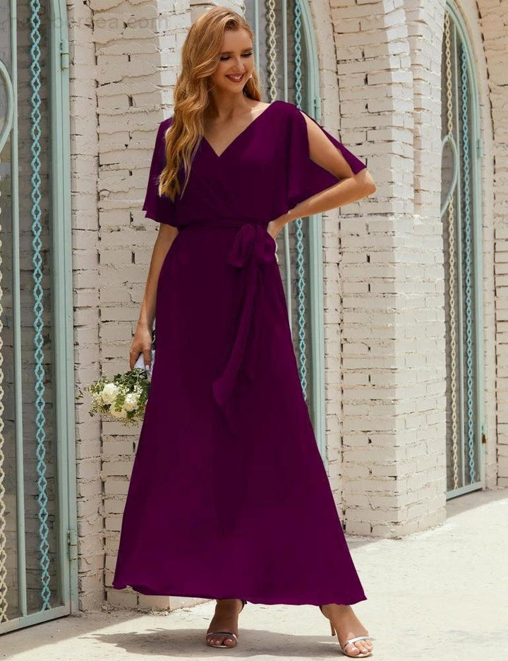 Numbersea V-Neck Bridesmaid Dress Long Formal Dresses with Belt for 28022 by numbersea