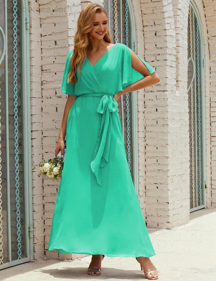 Numbersea V-Neck Bridesmaid Dress Long Formal Dresses with Belt for 28022 by numbersea