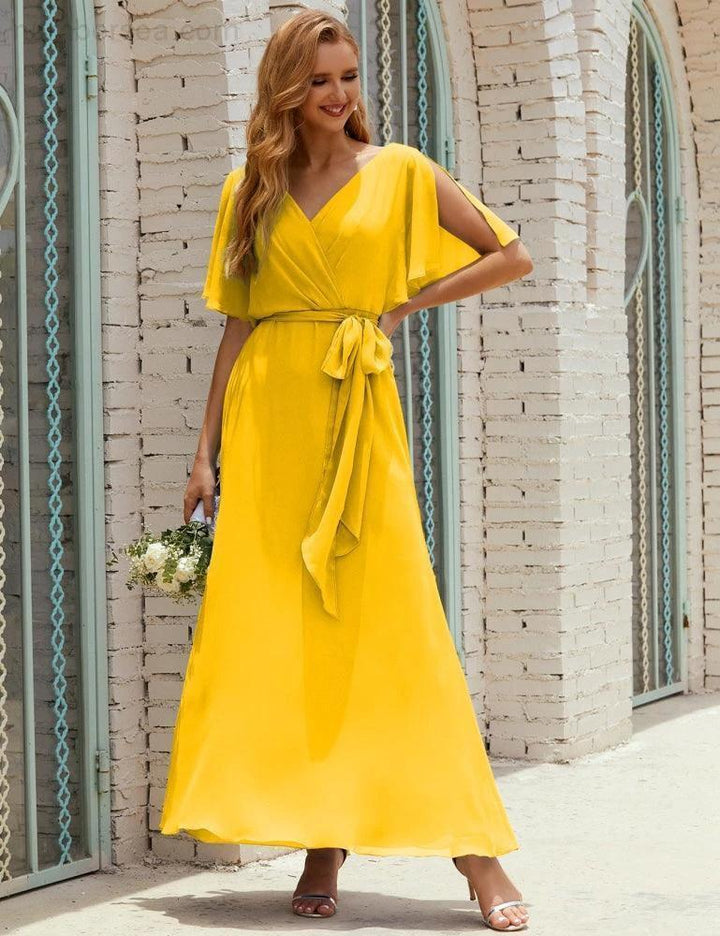 Numbersea V-Neck Bridesmaid Dress Long Formal Dresses with Belt for 28022 by numbersea