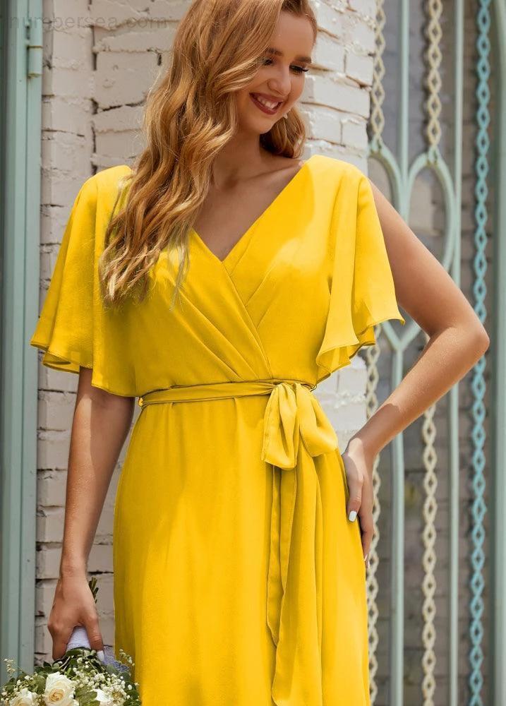 Numbersea V-Neck Bridesmaid Dress Long Formal Dresses with Belt for 28022 by numbersea