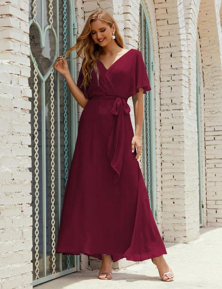 Numbersea V-Neck Bridesmaid Dress Long Formal Dresses with Belt for 28022 by numbersea