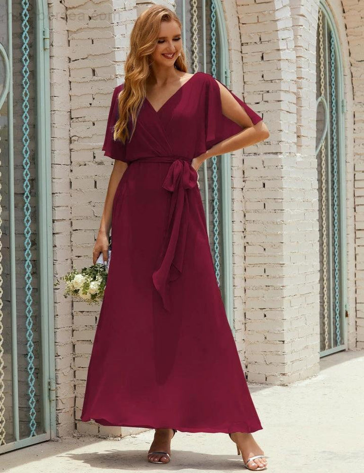 Numbersea V-Neck Bridesmaid Dress Long Formal Dresses with Belt for 28022 by numbersea