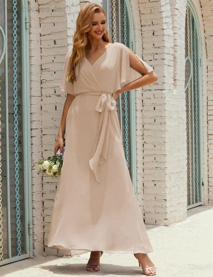 Numbersea V-Neck Bridesmaid Dress Long Formal Dresses with Belt for 28022 by numbersea