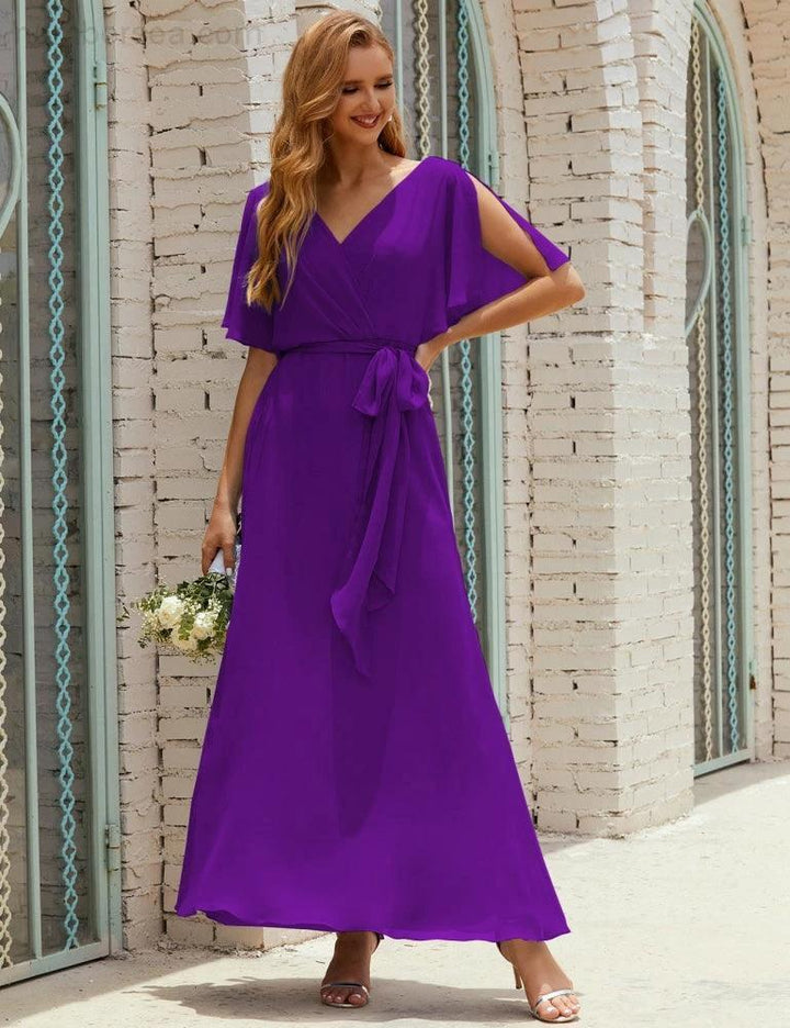 Numbersea V-Neck Bridesmaid Dress Long Formal Dresses with Belt for 28022 by numbersea