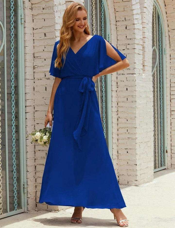 Numbersea V-Neck Bridesmaid Dress Long Formal Dresses with Belt for 28022 by numbersea