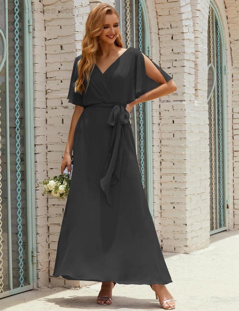 Numbersea V-Neck Bridesmaid Dress Long Formal Dresses with Belt for 28022 by numbersea