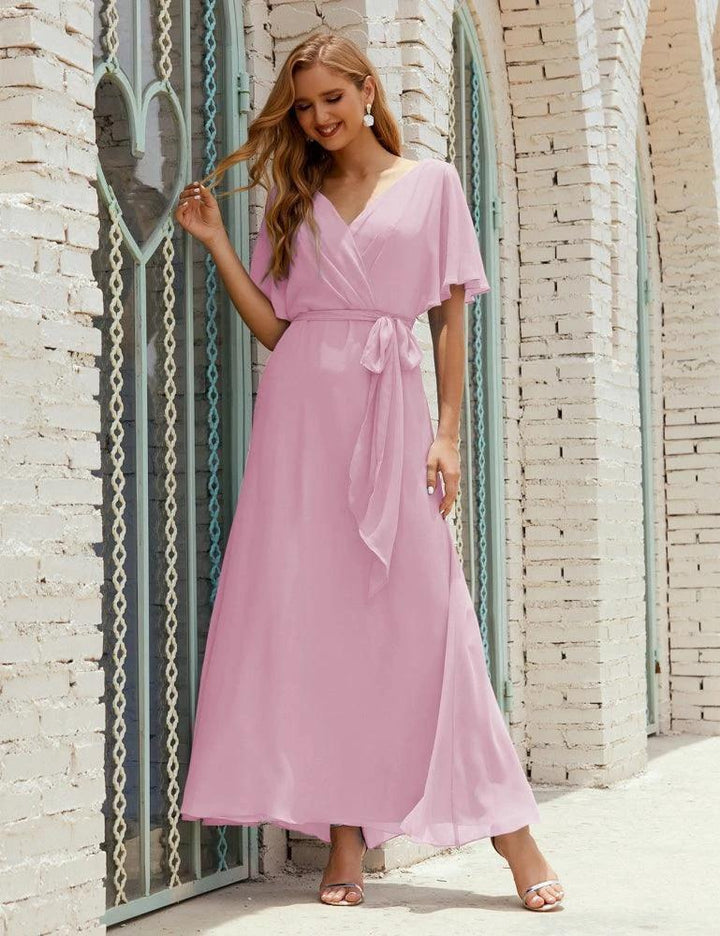 Numbersea V-Neck Bridesmaid Dress Long Formal Dresses with Belt for 28022 by numbersea