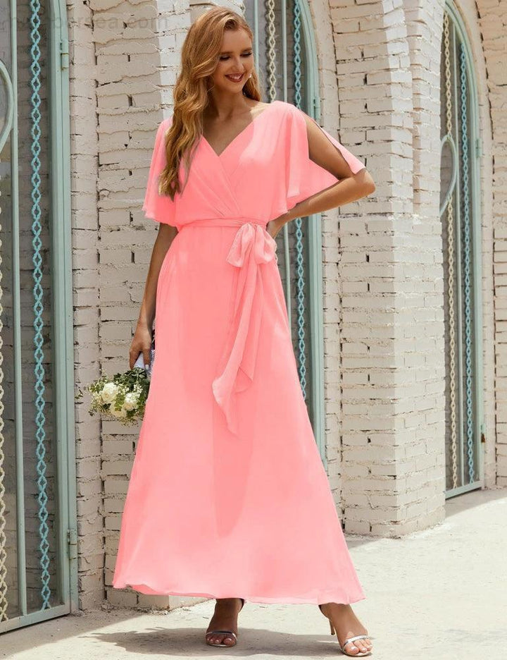 Numbersea V-Neck Bridesmaid Dress Long Formal Dresses with Belt for 28022 by numbersea