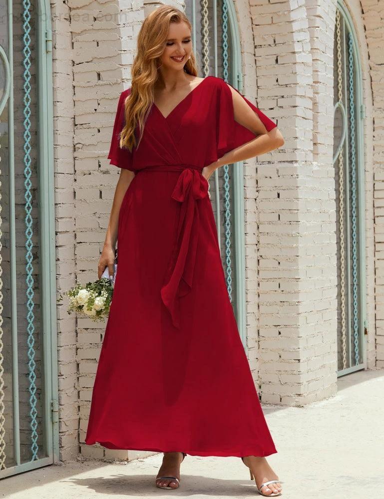 Numbersea V-Neck Bridesmaid Dress Long Formal Dresses with Belt for 28022 by numbersea