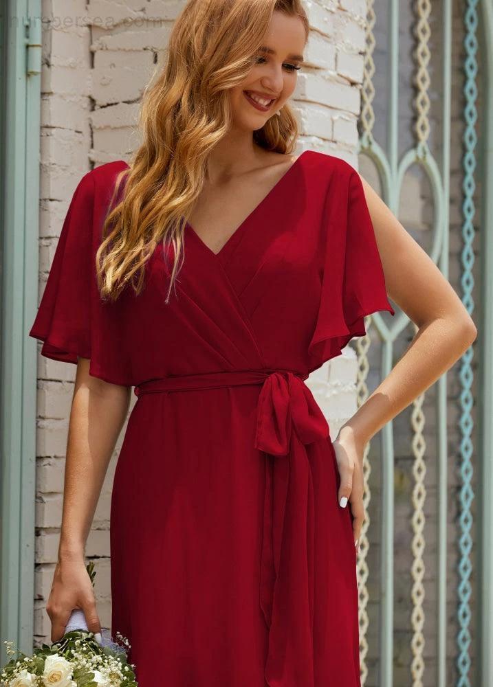 Numbersea V-Neck Bridesmaid Dress Long Formal Dresses with Belt for 28022 by numbersea