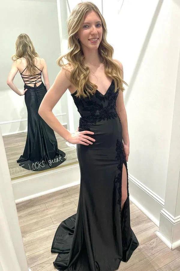V-Neck Lace-Up Mermaid Black Prom Dress with Slit PSK550 by pgmdress