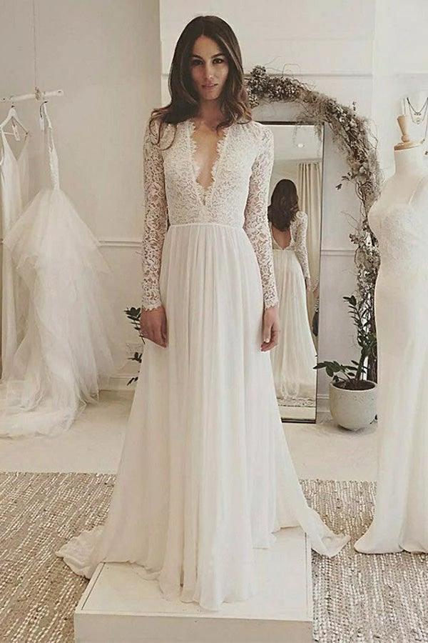 V-Neck Long Sleeves Backless Ivory Chiffon Wedding Dress with Lace WD153 by pgmdress