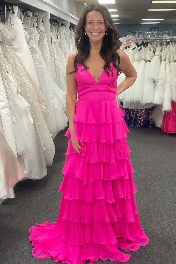 V-Neck Straps Fuchsia Ruffle Chiffon Prom Dress with Slit PSK470 by pgmdress