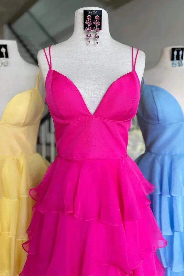 V-Neck Straps Fuchsia Ruffle Chiffon Prom Dress with Slit PSK470 by pgmdress