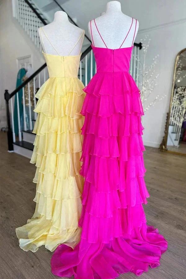 V-Neck Straps Fuchsia Ruffle Chiffon Prom Dress with Slit PSK470 by pgmdress