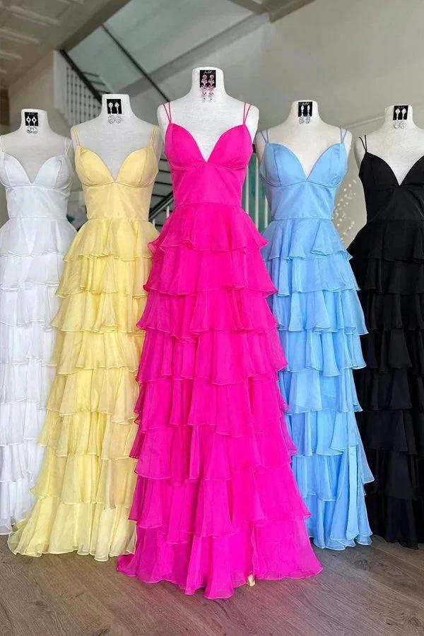 V-Neck Straps Fuchsia Ruffle Chiffon Prom Dress with Slit PSK470 by pgmdress