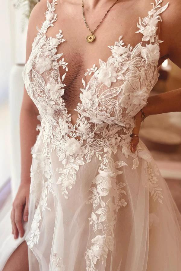 A-Line V-neck Chiffon Lace Open Back Long Wedding Dresses With Split by BIZTUNNEL