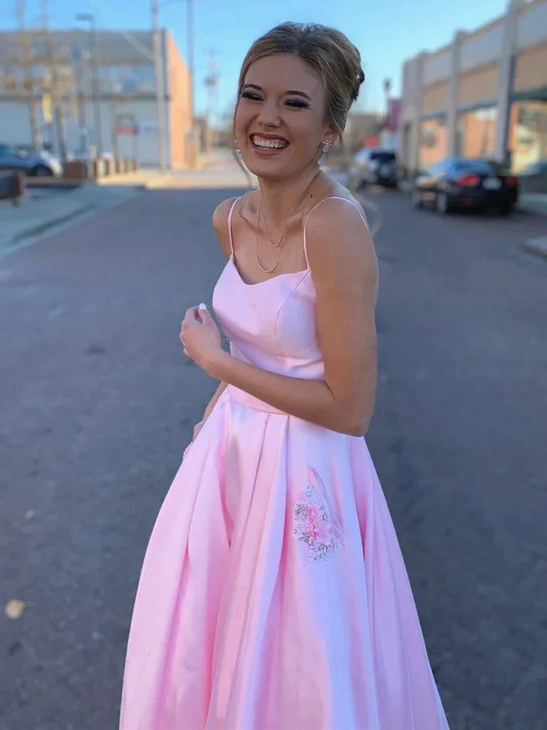 Pink Satin Prom Dress with Pockets, Pink Satin Long Formal Evening Dresses Y237 by simplepromdress