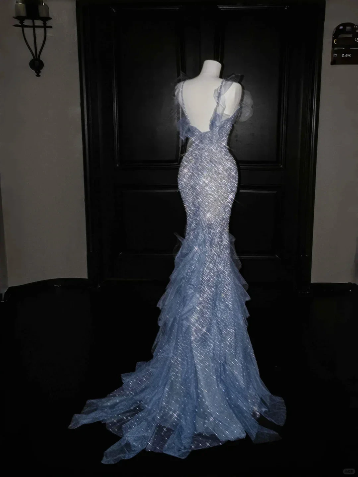 Gorgeous Blue Tulle Sequins Beaded Ruffles Mermaid Prom Dress,Formal Evening Dress Wedding Dress Y8671 by simplepromdress