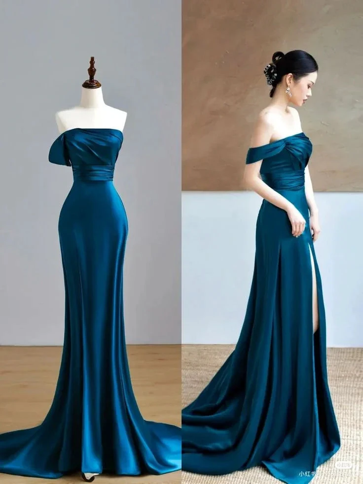 Elegant teal satin off-shoulder evening dress with side slit, ZAPDRESS formal gown