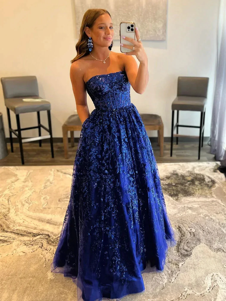 Blue A line tulle sequin long prom dress, blue tulle evening dress Y3065 by simplepromdress