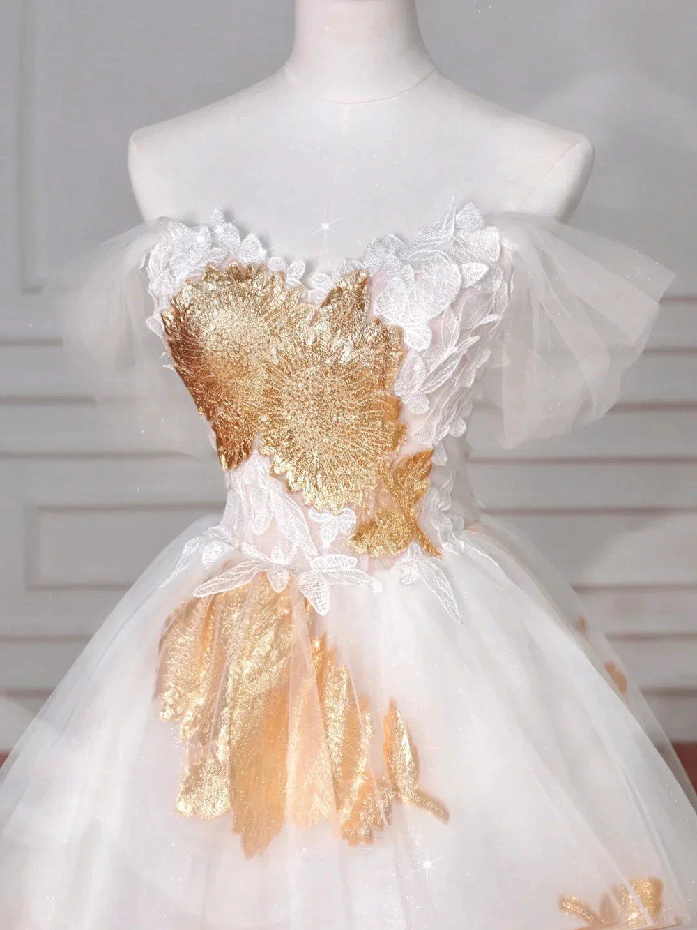 Gorgeous Gold Print Tulle Off The Shoulder Ball Gown A Line Prom Dress Evening Dress Y8618 by simplepromdress