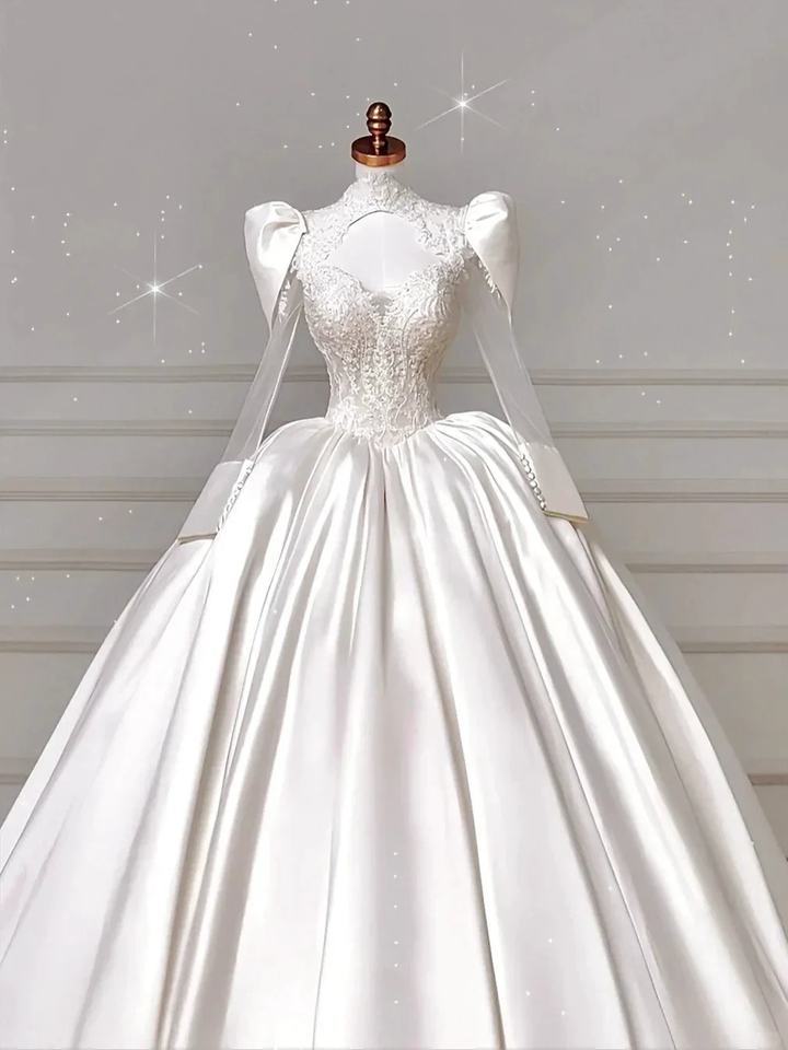 Gorgeous White Satin Lace Appliques A Line Wedding Dress,Formal Prom Dress Y8607 by simplepromdress