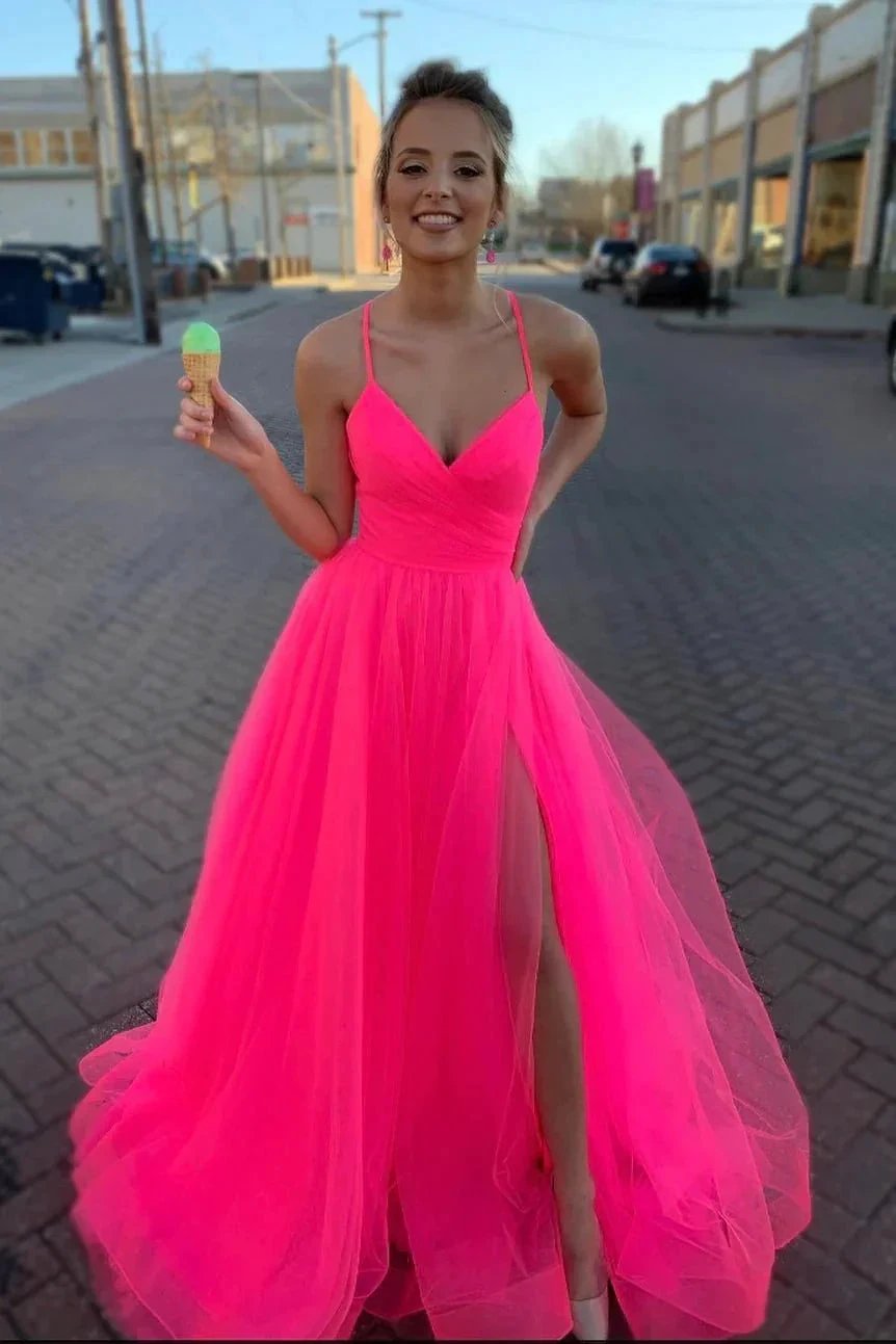 Hot Pink Long Prom Dress With Lace Up Back SYP98 by vivymakudress