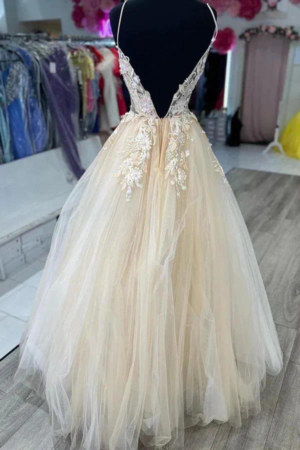 V Neck Champagne Tulle Lace Wedding Dresses Bridal Gown WD706 by pgmdress