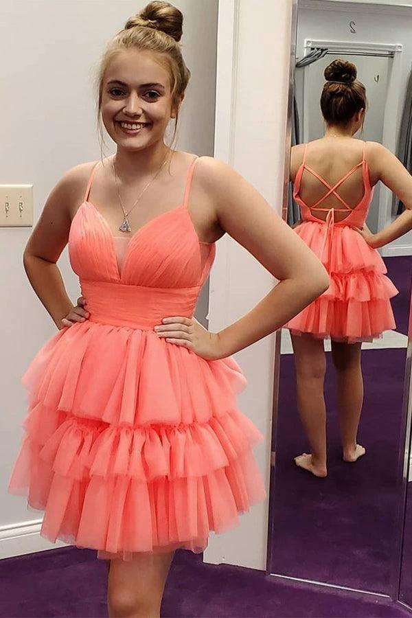 V Neck Layered Coral Short Prom Dresses Homecoming Dresses PD446 by pgmdress