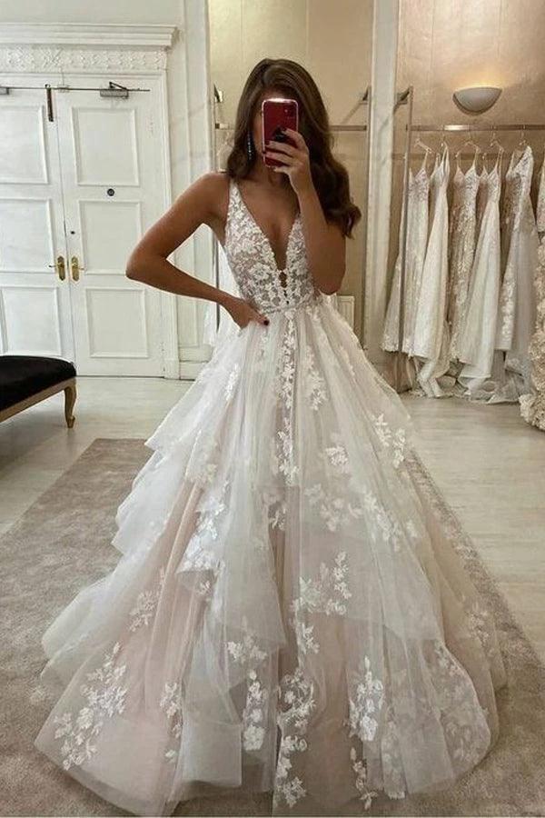 V Neckline Tired Tulle A-line Lace Wedding Dress Floor Length WD608 by pgmdress