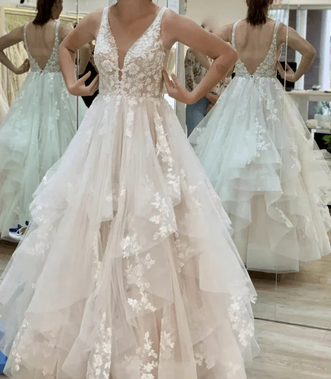 V Neckline Tired Tulle A-line Lace Wedding Dress Floor Length WD608 by pgmdress