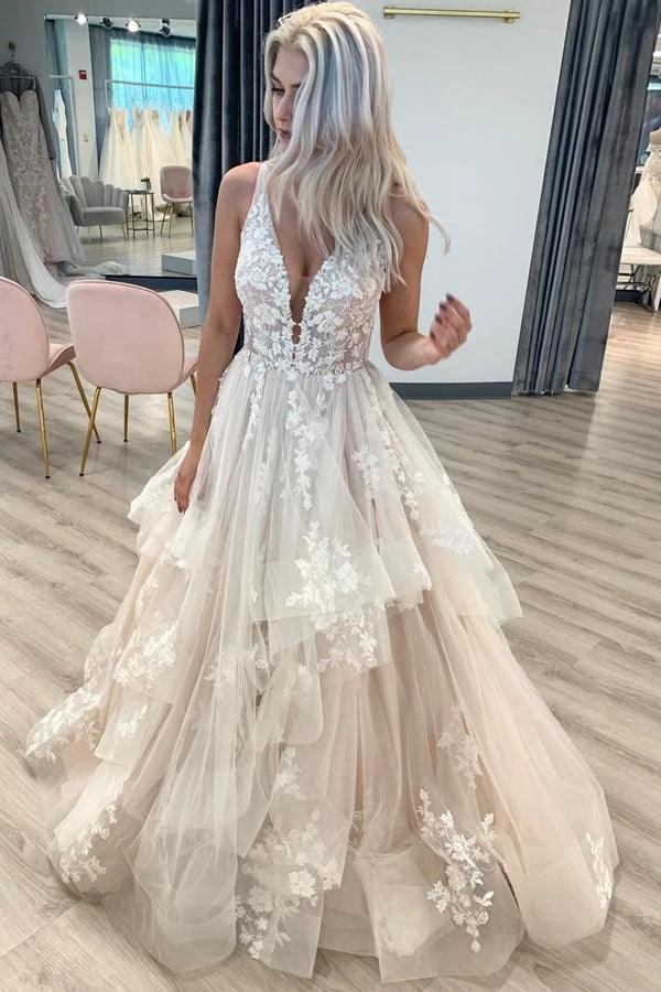 V Neckline Tired Tulle A-line Lace Wedding Dress Floor Length WD608 by pgmdress