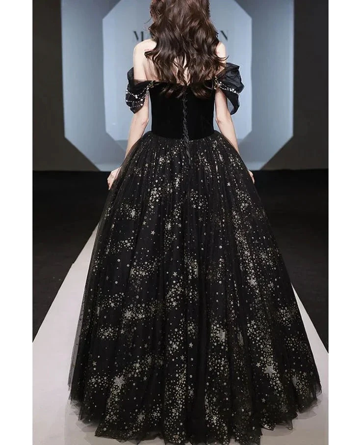 Sparkly Tulle Sequins A Line Ball Gown Off The Shoulder Black Prom Evening Dress Y8034 by simplepromdress