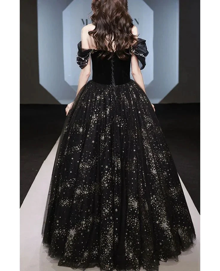 Sparkly Tulle Sequins A Line Ball Gown Off The Shoulder Black Prom Evening Dress Y8034 by simplepromdress