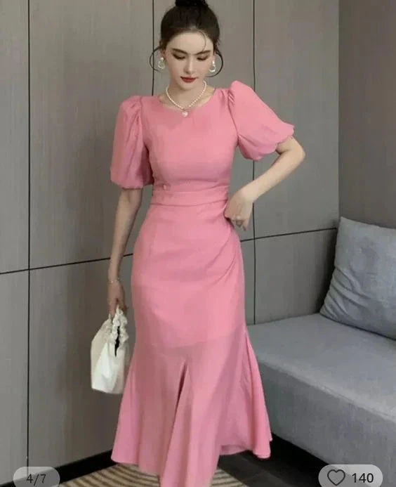 Classy Pink Puff Sleeves Mid-length Prom Dress Pink Evening Dress Y7113 by simplepromdress