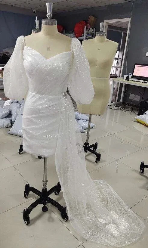 Short Puff Sleeve Wedding Dress Sweetheart Sparkly Modern Bridesmaid Dresses for Party Outfit Dress Y1208 by simplepromdress