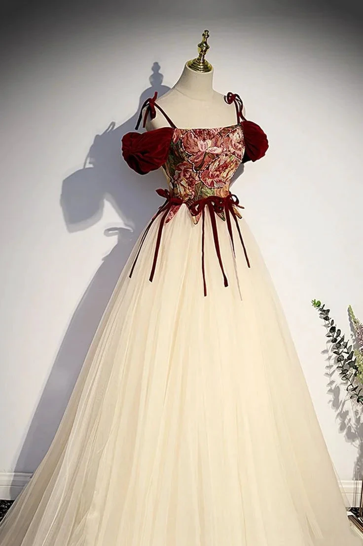 Champagne Tulle Spaghetti Strap Long Prom Dress A Line Party Ball Gown Y7952 by simplepromdress