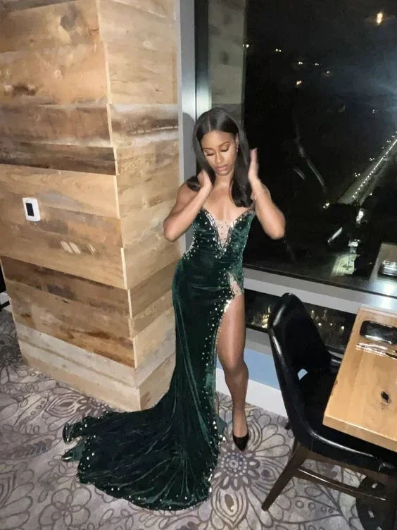 Green Velvet Prom Dress African Mermaid Evening Dress With Slit Y6480 by simplepromdress