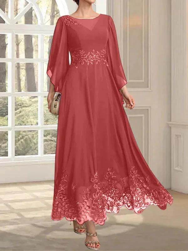 A-line Scoop Illusion Ankle-Length Lace Chiffon Mother of the Bride Dress With Sequins by Dreamylily