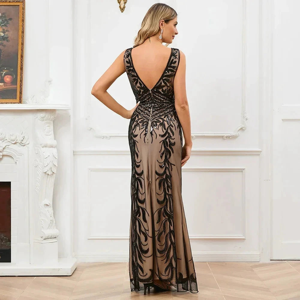 Vintage Mujer Sequins Beading Long Evening Dresses Formal Round Neck Lace Long Sexy Women Party Special Occasion by Sunnderly