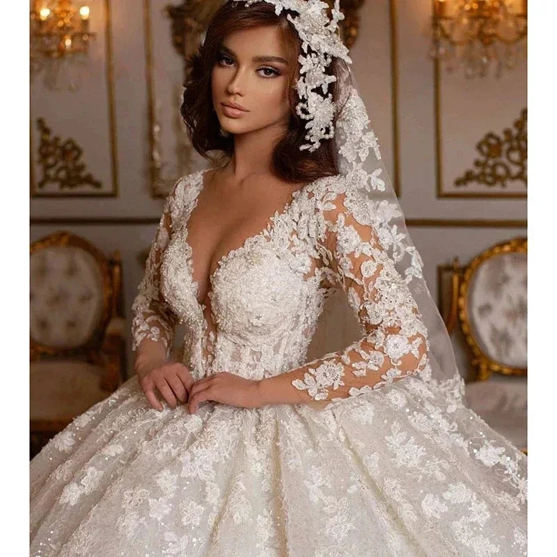 Lace Wedding Dresses Princess Ball Gown Beading Bridal Gowns Shinny Tulle Long Sleeves Ivory Dubai Marriage Dress by payinti