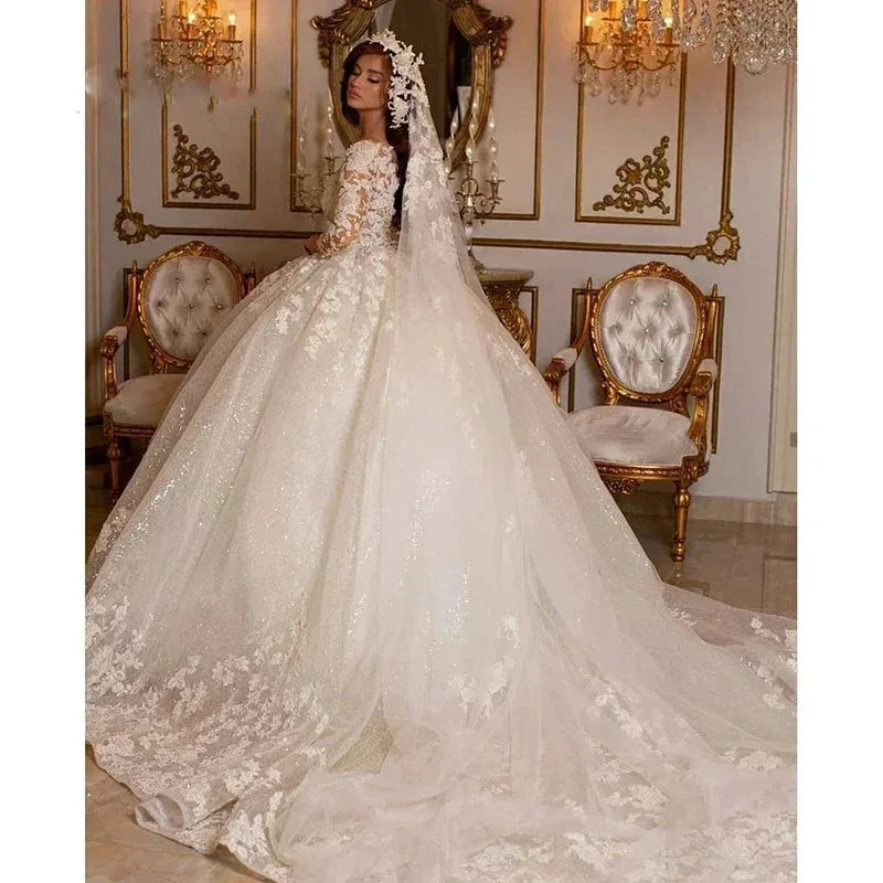 Lace Wedding Dresses Princess Ball Gown Beading Bridal Gowns Shinny Tulle Long Sleeves Ivory Dubai Marriage Dress by payinti