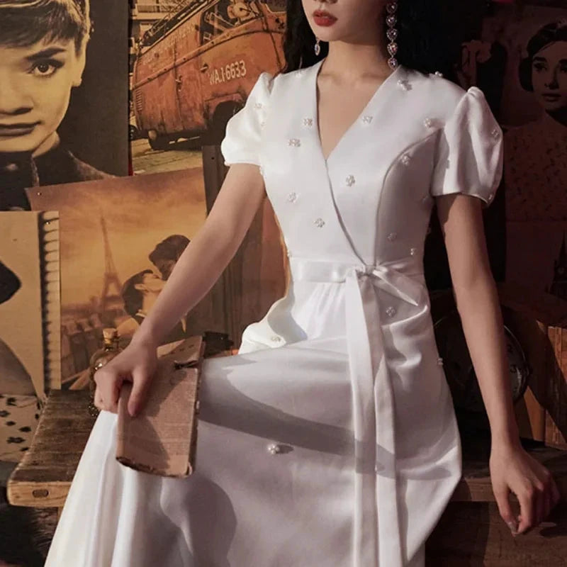 Elegant V-neck Wedding Party Dresses Belt Lace Up Slim Waist Pull Sleeve Evening Dress Simple Beading French Chic Robe by payinti