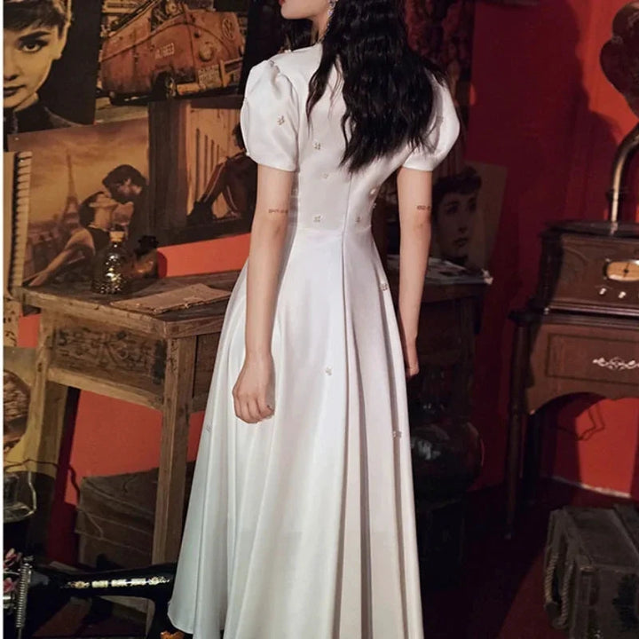 Elegant V-neck Wedding Party Dresses Belt Lace Up Slim Waist Pull Sleeve Evening Dress Simple Beading French Chic Robe by payinti
